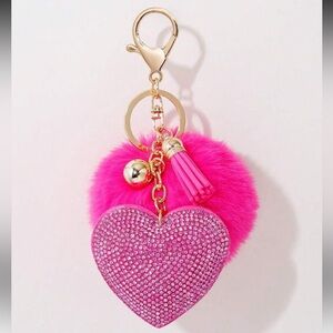 Valentine’s Day, pink rhinestone heart with pom-pom decoration keychain